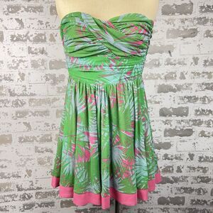 Juicy Couture Babydoll Mini Dress Sz XS Strapless Tropical Hot Pink Green Island